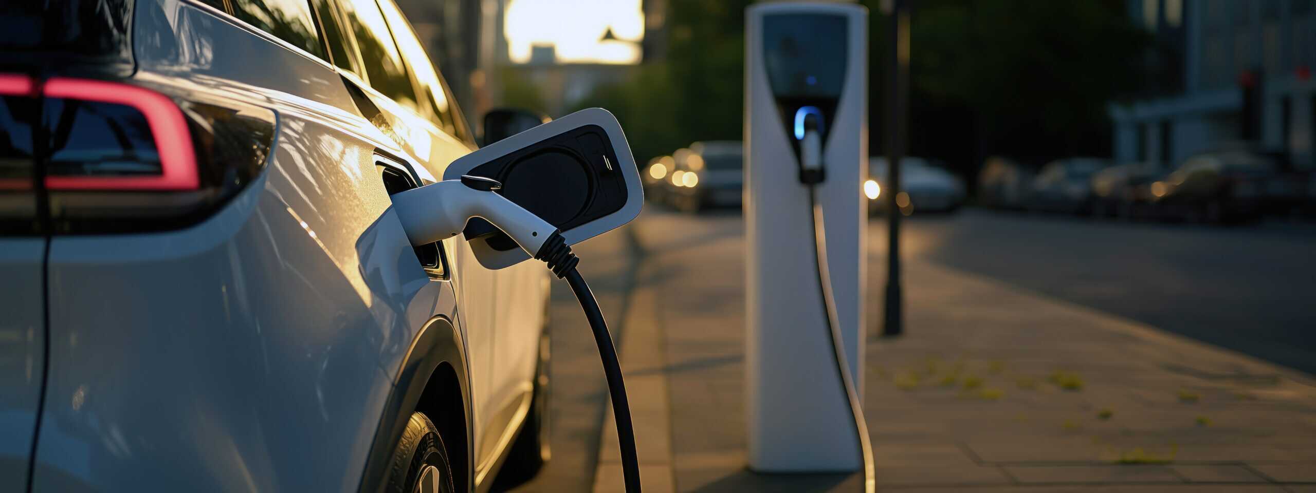 Une voiture électrique blanche est en train de se recharger à une station de recharge publique dans une rue de la ville, le câble de recharge étant branché sur le véhicule et sur d’autres voitures garées à proximité. La scène se déroule en plein jour. Une voiture électrique blanche est en train de se recharger à une station de recharge publique dans une rue de la ville, le câble de recharge étant branché sur le véhicule et sur d'autres voitures garées à proximité. La scène se déroule en plein jour.