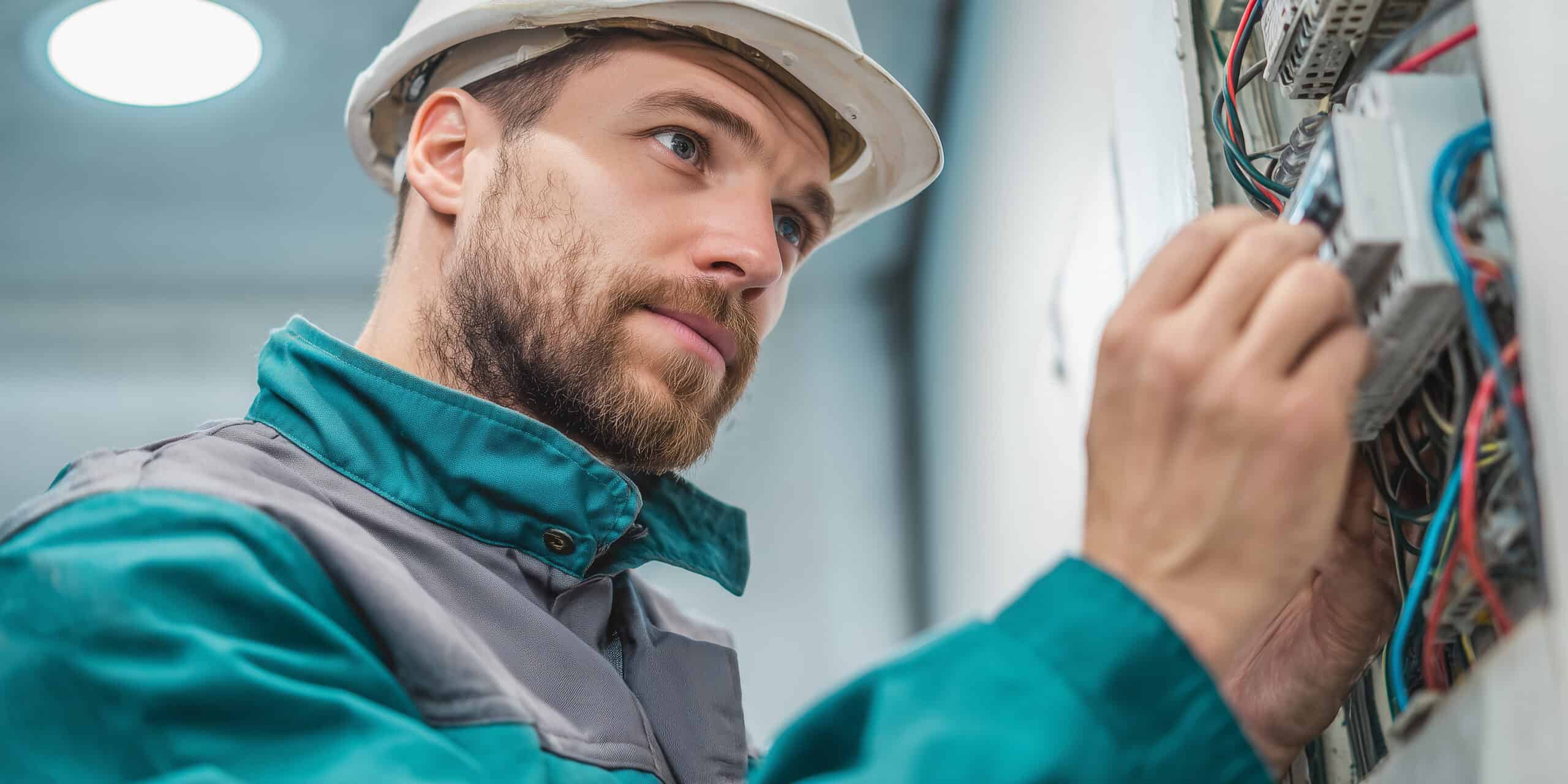 Un électricien portant un casque et une tenue de travail examine et répare soigneusement le câblage électrique d’un panneau de commande. Un électricien portant un casque et une tenue de travail examine et répare soigneusement le câblage électrique d'un panneau de commande.