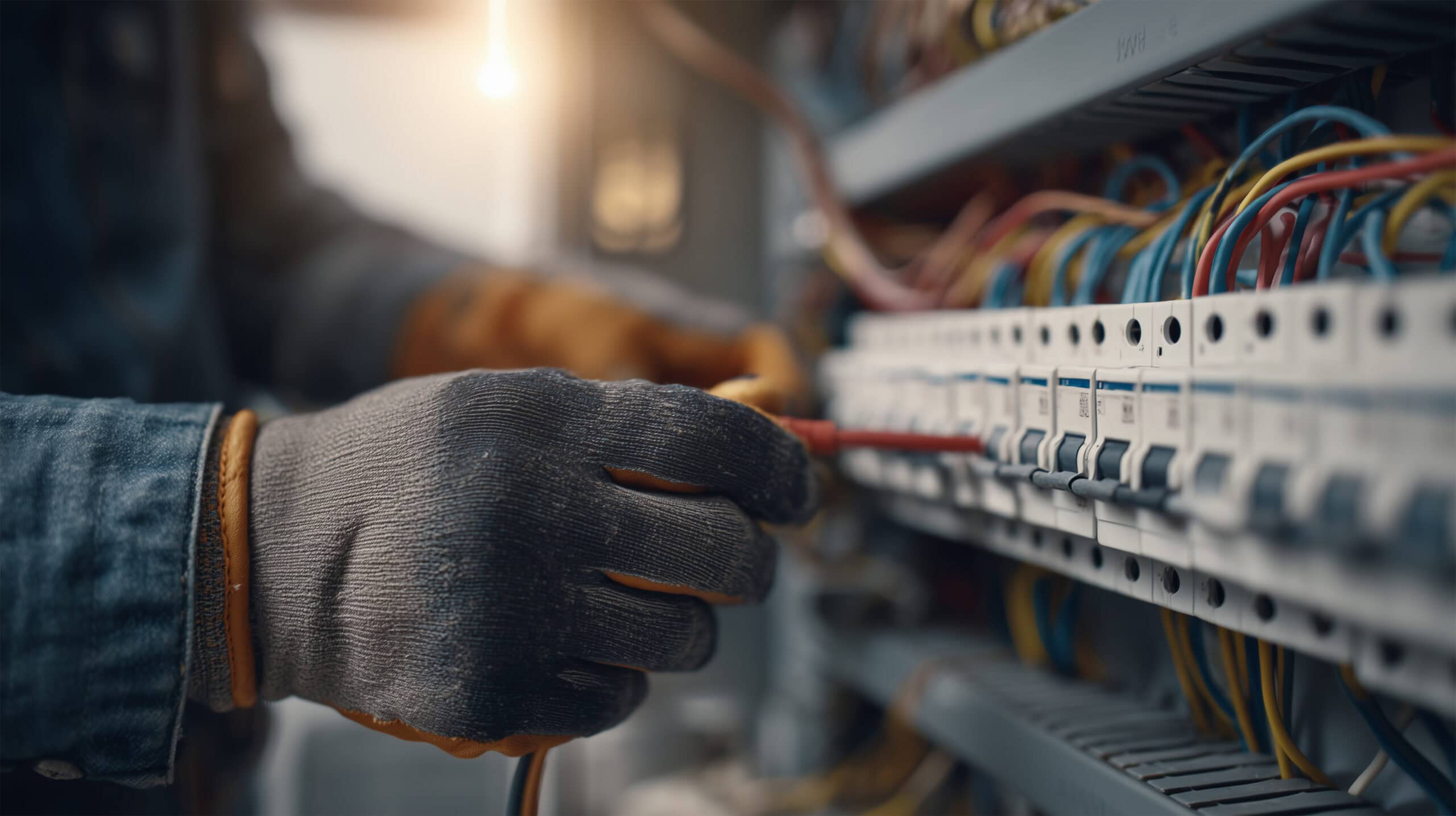 Une personne portant des gants de protection travaille sur un panneau électrique, ajustant les fils et les interrupteurs parmi les rangées de disjoncteurs. Le cadre suggère un travail de maintenance ou de réparation électrique.