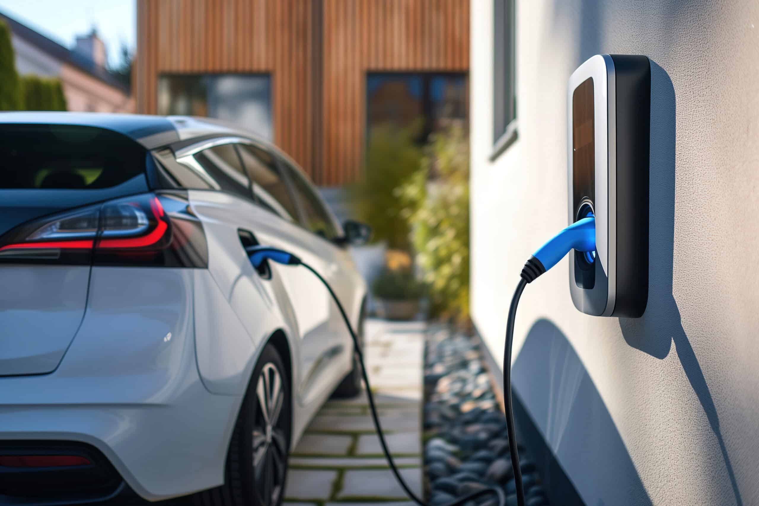 Une voiture électrique blanche est garée dans une allée et branchée sur une borne de recharge murale fixée à une maison moderne, la lumière du soleil illuminant la scène - un cliché parfait pour un post test de Metasync.