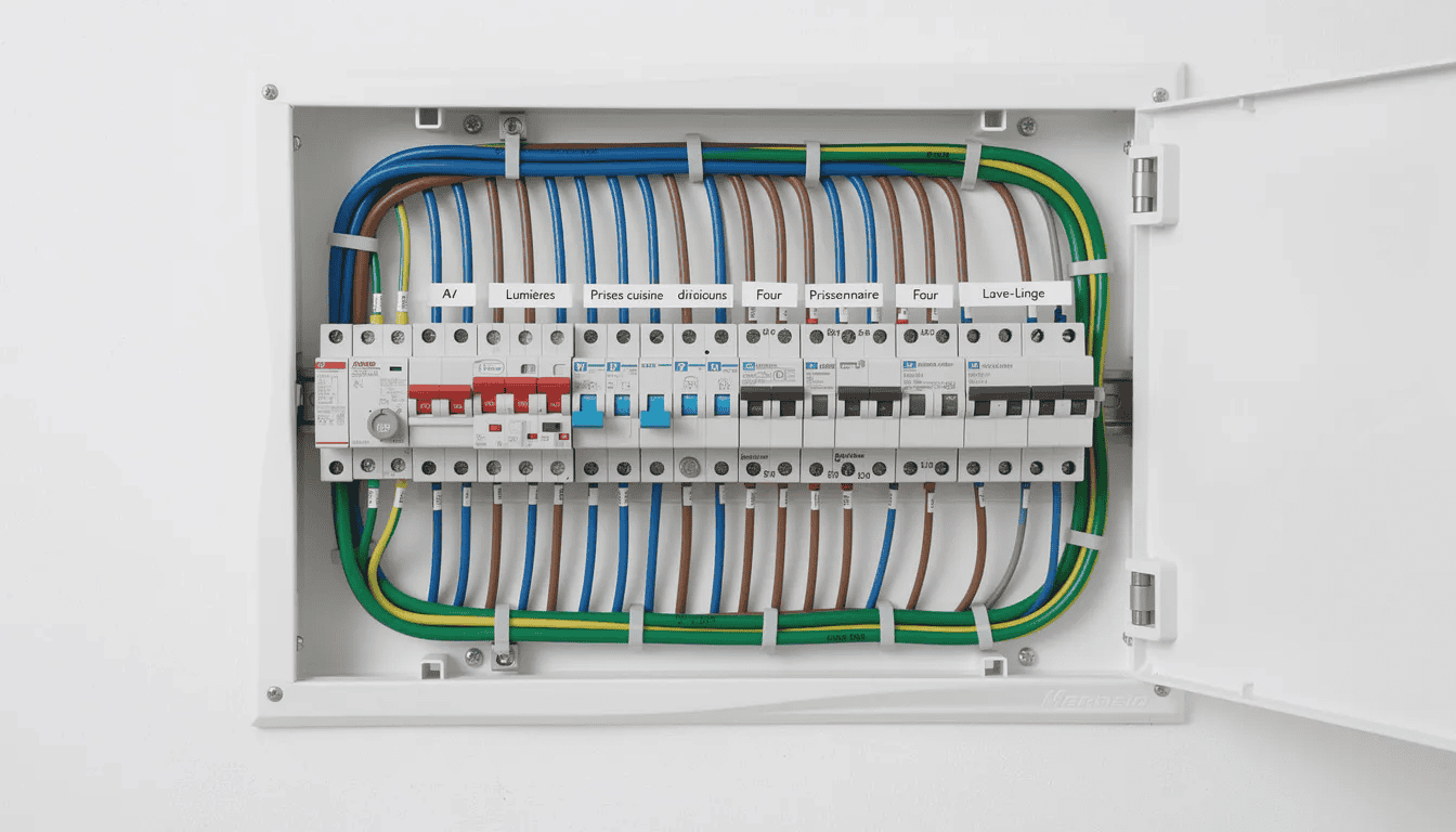 Un tableau électrique moderne est présenté, avec des disjoncteurs et des interrupteurs différentiels bien organisés, illustrant une installation électrique conforme aux normes de sécurité. Ce tableau assure une distribution efficace de l'électricité tout en minimisant les risques d'accidents et de défaillances.
