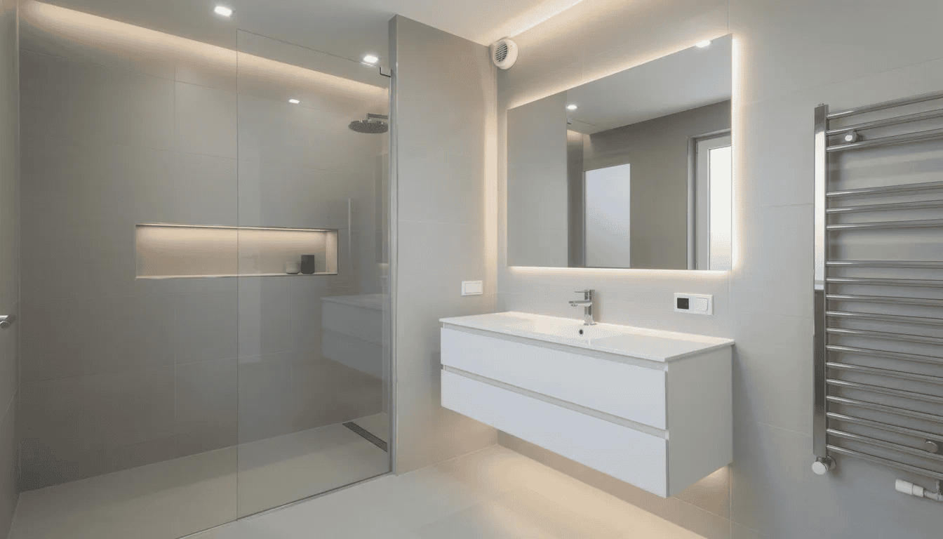 Une salle de bains moderne équipée d'un éclairage encastré et de matériels électriques conformes aux normes de sécurité. L'installation électrique respecte les obligations de vérification et de conformité, garantissant un espace sécurisé pour les utilisateurs.