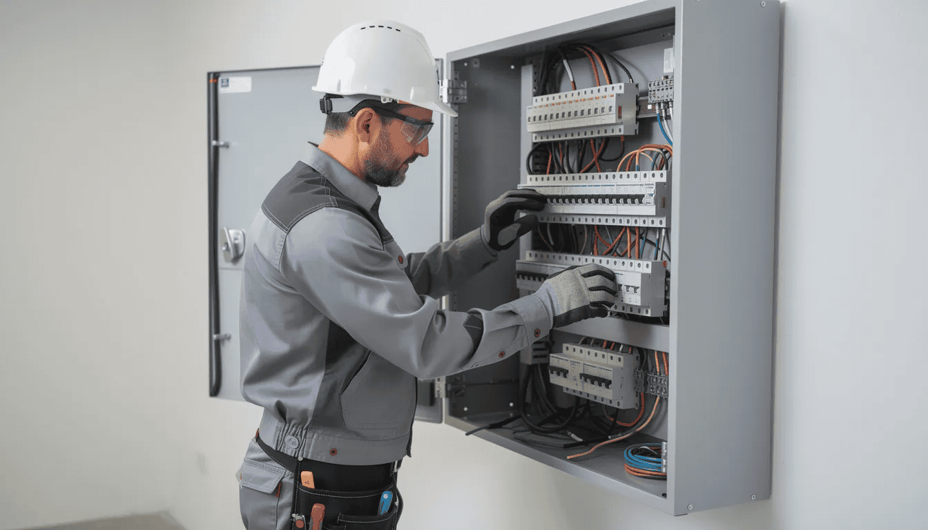 Un électricien professionnel est en train de travailler sur un tableau électrique moderne, vérifiant les connexions et s'assurant de la conformité de l'installation électrique. Cette mission est essentielle pour garantir la sécurité et le bon fonctionnement de l'alimentation électrique dans le logement.