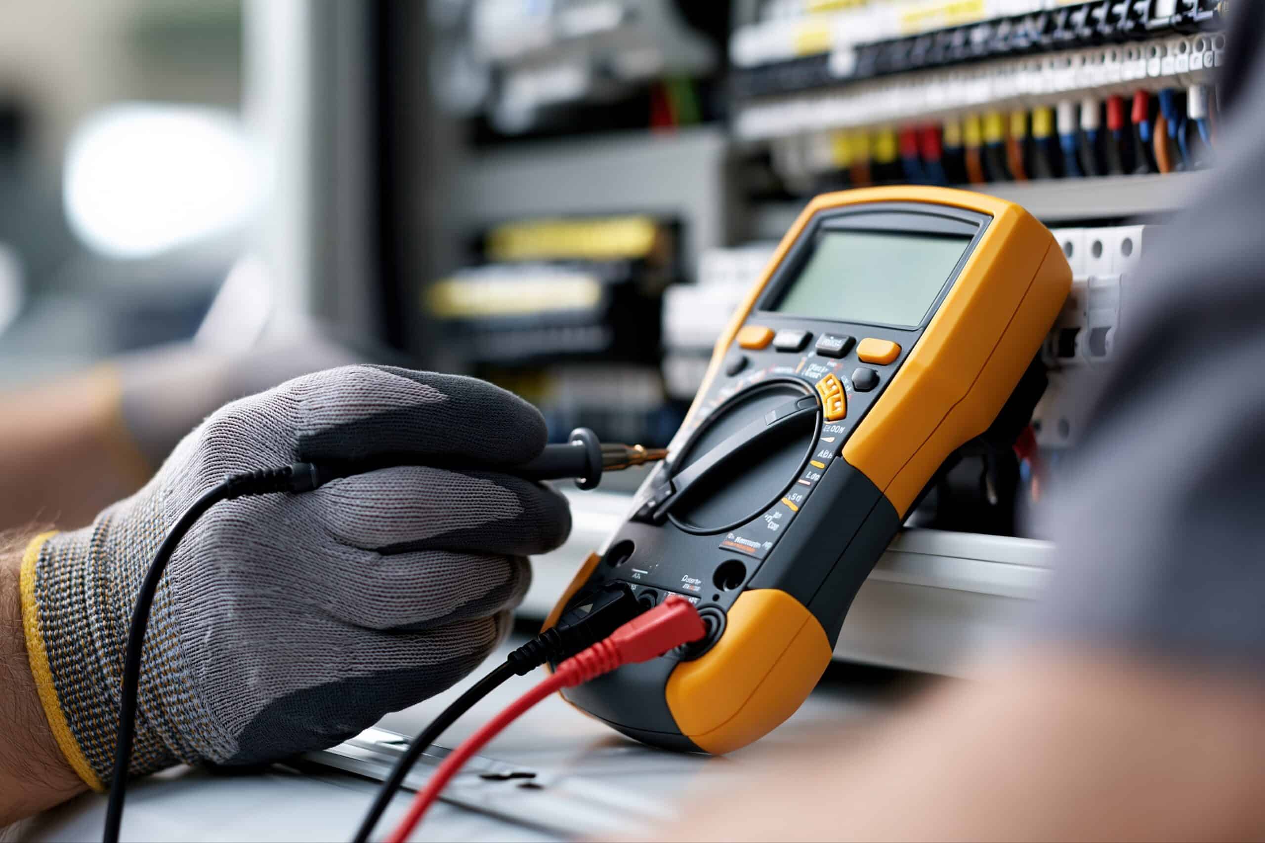 Une personne portant des gants de protection utilise un multimètre numérique pour vérifier les connexions électriques à l'intérieur d'un tableau électrique ouvert, contenant divers câbles et composants, effectuant ainsi un diagnostic électrique indispensable dans le cadre d'une vente immobilière à Paris.