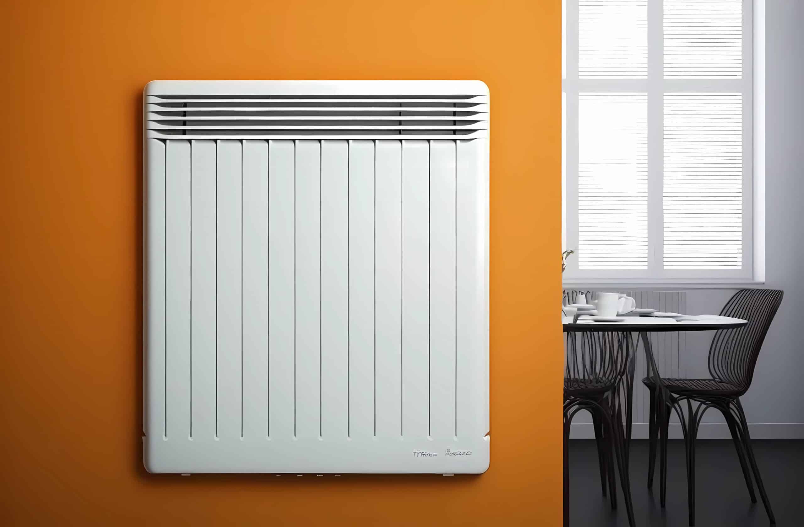 Un radiateur mural blanc accroché à un mur orange près d'une fenêtre, avec une table à manger et des chaises dans une pièce baignée de soleil : un décor accueillant qui met en évidence la différence entre le radiateur à inertie et le radiateur rayonnant dans le cadre des solutions de chauffage modernes.