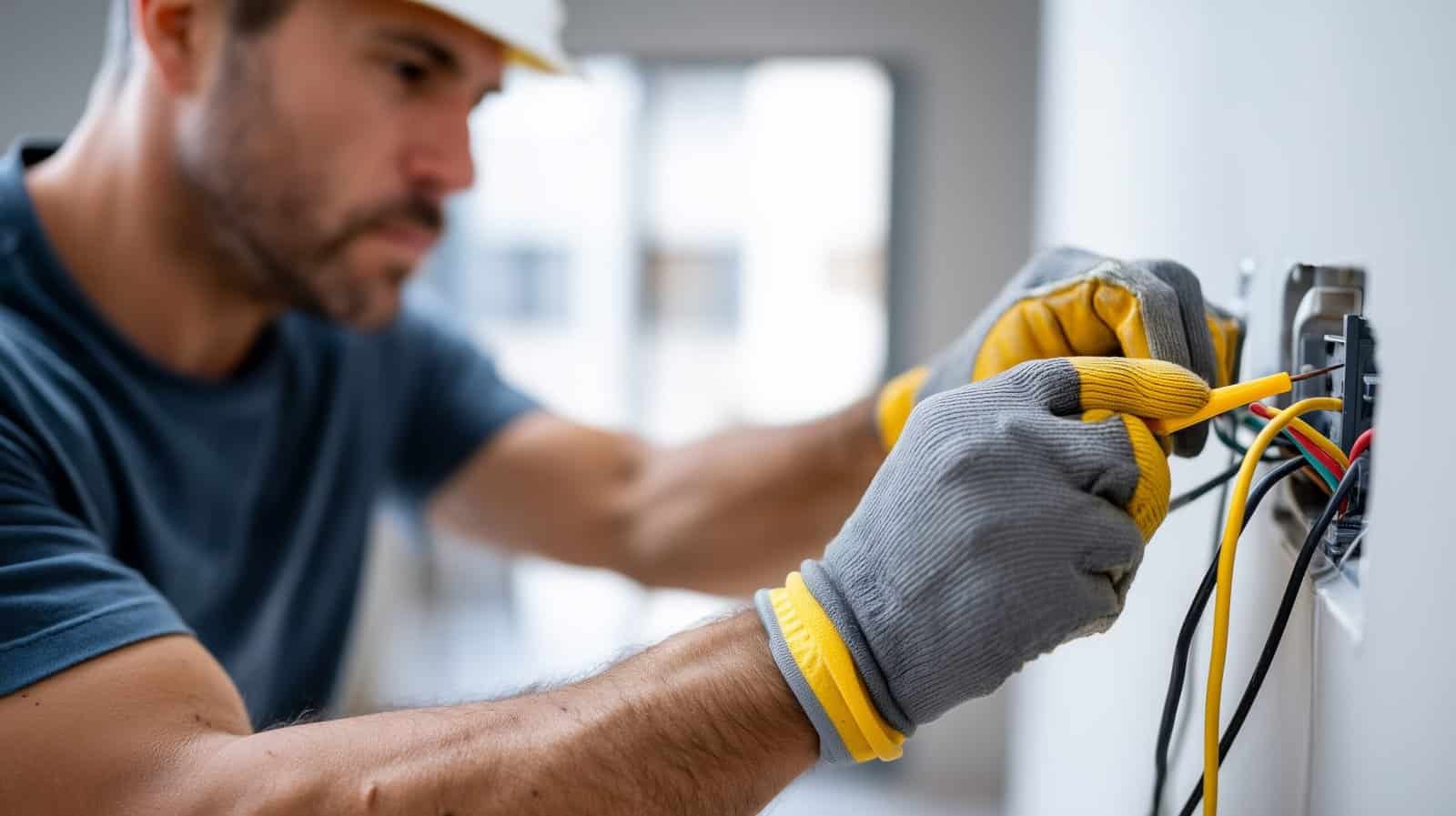 Une personne portant des gants et un casque de sécurité installe ou répare des câbles électriques dans une prise murale, concentrée sur son travail, tout en se référant à un manuel « Brouillon » pour s'orienter.